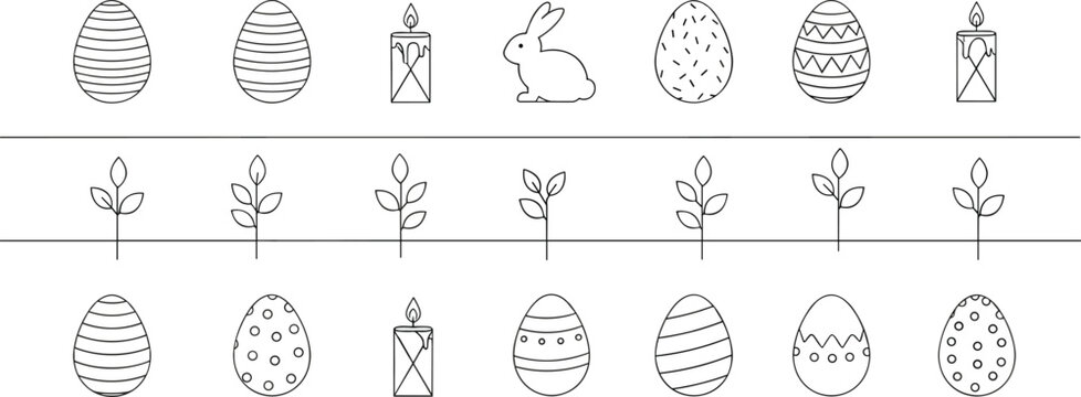 Minimal Easter egg pattern vector set with line art bunny candles and floral elements arranged in horizontal borders for holiday design