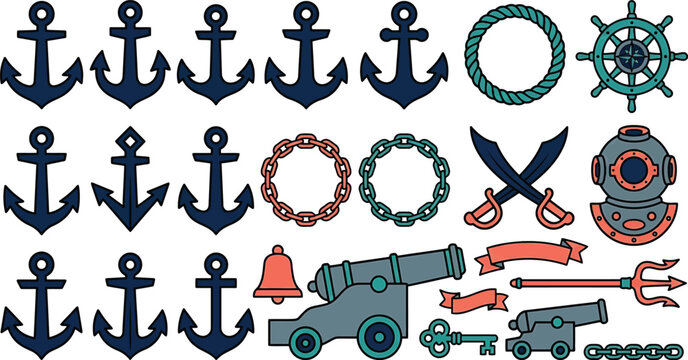 NauticalIconsSetWithAnchorsRopeAndWeapons