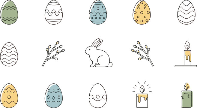 Minimal Easter icons vector set with decorated eggs bunny branches and candles in soft pastel colors for greeting cards and seasonal design