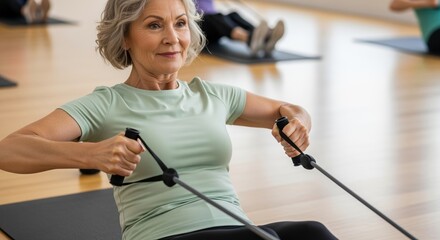 Obraz premium senior woman exercising with resistance bands in fitness class, promoting healthy lifestyle