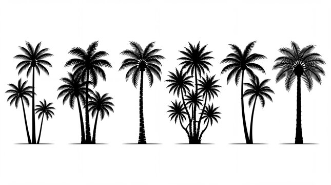 Black silhouettes of various palm trees on white background tropical plants and foliage nature elements for design