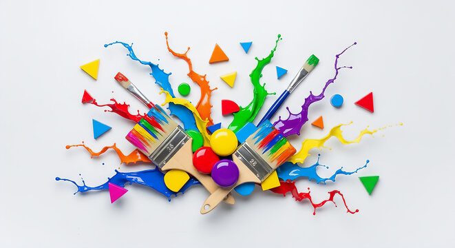 Top-down flat lay with dynamic but controlled arrangement of colorful objects appearing in motion, strong contrast, vibrant saturated tones, u