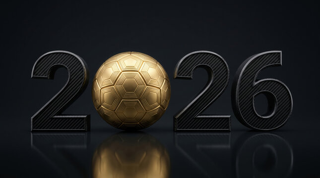 3D composition of a shiny golden soccer ball acting as a zero in huge dark carbon fiber numbers representing the next massive global international football championship tournament.