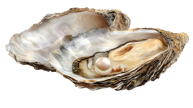 Ultra realistic HD oyster with open shell and pearl, isolated on white background