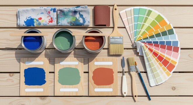 artistic workshop scene with paint samples and tools on wooden background in daylight