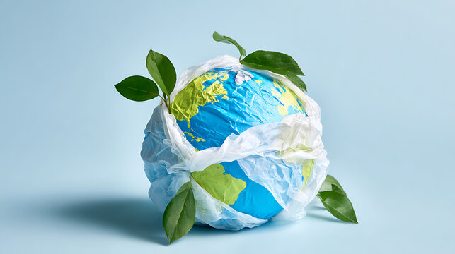 Earth globe model with plastic wrap and green leaves on light blue background, concept of environmental protection, climate change, and sustainability