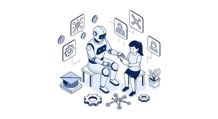 Fototapeta premium AI Education and EdTech Concept: Isometric Illustration of a Robot Teacher Helping a Young Student with Digital Tablet in a Futuristic Classroom