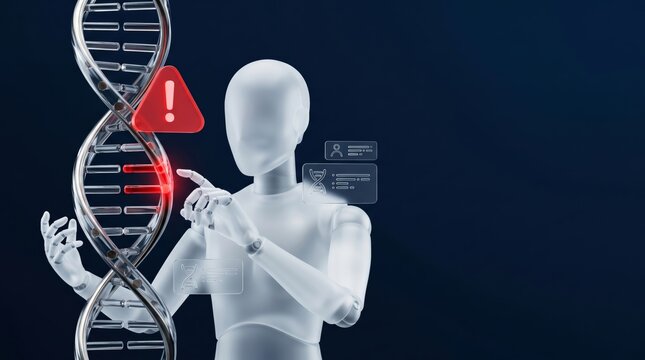 AI Robot Detecting DNA Mutation Warning with Digital Interface on Dark Blue Background 3d render