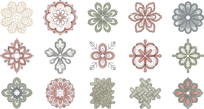 Ornate floral mandala elements vector set with vintage decorative motifs for textile design embroidery patterns branding and luxury packaging