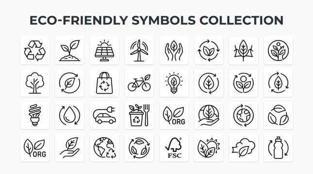 Collection of eco-friendly symbols and icons representing sustainability, nature, and environmental protection.
