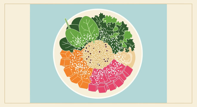 Healthy Poke Bowl Illustration, Vibrant Food Bowl with Quinoa, Greens, and Toppings