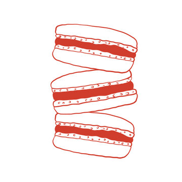 Red vector illustration of stacked macarons with creamy filling. Hand drawn doodle style, clean lines, isolated on light background, perfect for bakery and dessert designs.
