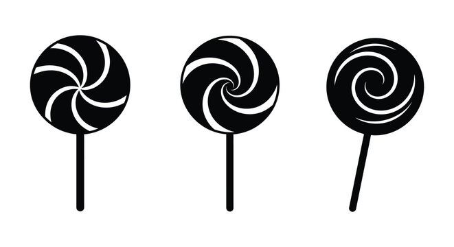 Three spiral patterned lollipops presented in a stark black silhouette