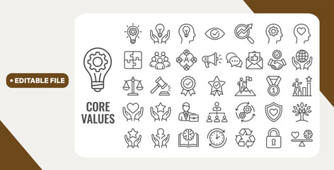 Core Values web icon set in line style. Innovation, integrity, customers, accountability, teamwork, goals, motivation collection. Editable stroke. Vector illustration. © Kingko