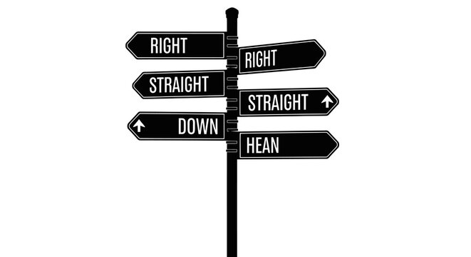 A black signpost with directional arrows indicating right straight down and hean