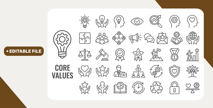 Core Values web icon set in line style. Innovation, integrity, customers, accountability, teamwork, goals, motivation collection. Editable stroke. Vector illustration.