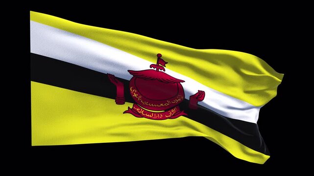 Brunei flag waving in the wind. Bruneian identity monarchy heritage national pride. News visuals political international relations documentaries educational travel web banners Southeast Asia.