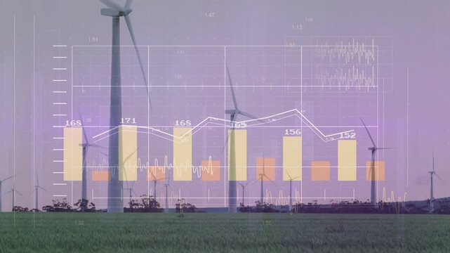 Translucent overlay fading in, wind turbines showing bars and line tracking energy output