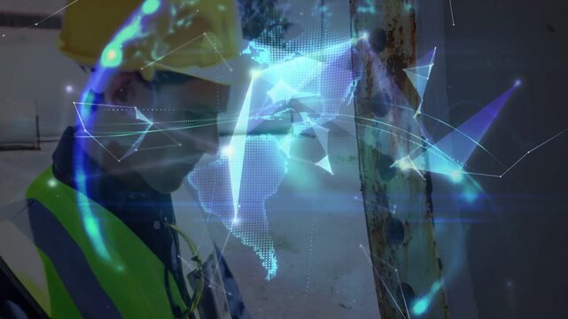 Construction worker lifting device, holding ladder and scanning beam, hologram hovering over hands