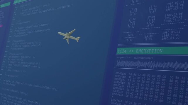 Panel fading right, jet nudging, tilting while code marking encryption, leaves entering top-left