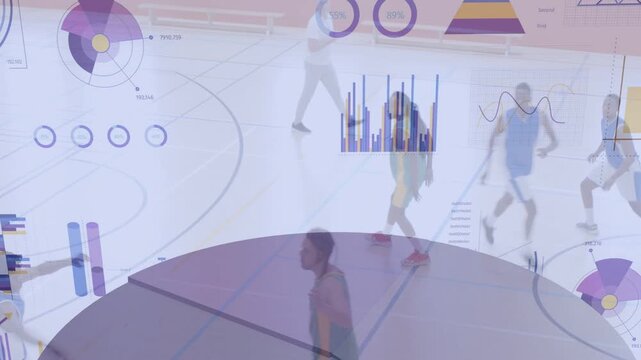 Player dribbling at key and passing while team cutting data overlaying 3D pie tracking sports stats