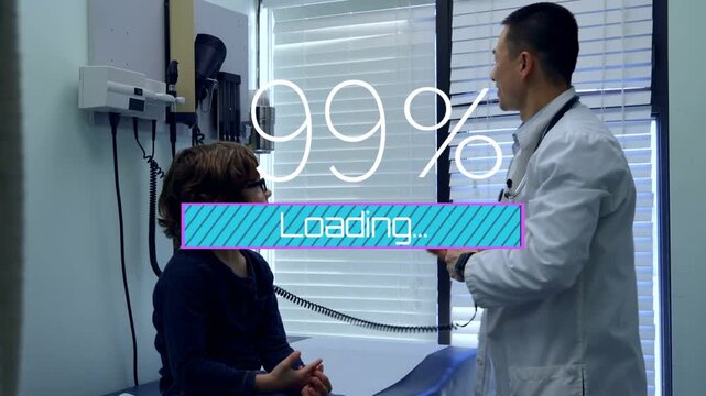 Overlay appearing doctor leaning and inserting otoscope, bar filling to 100% for medical exam