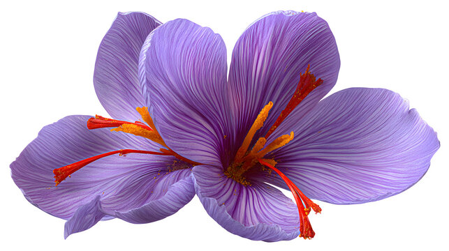Ultra realistic HD saffron flower purple petals orange stigma, isolated on white background