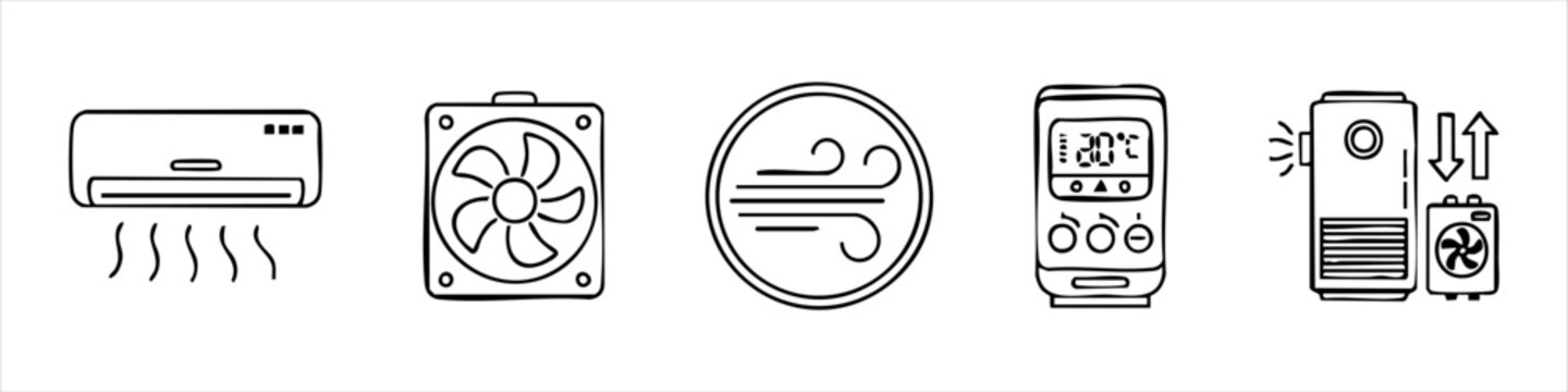 Hand drawn collection of air conditioning and ventilation system icons, including split AC, exhaust fan, airflow symbol, digital thermostat, and portable air cooler units.