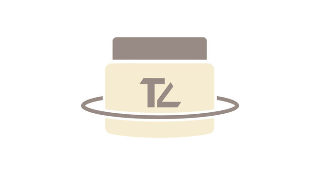 Flat design icon of a cosmetic jar encircled by a rotating line with a 'TZ' symbol, isolated white background.