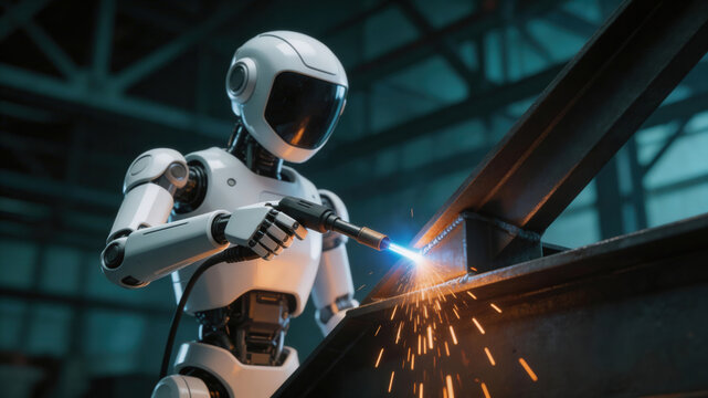 White robot welder working at construction site. Artificial intelligence in heavy industry and manufacturing. Futuristic technology automation.