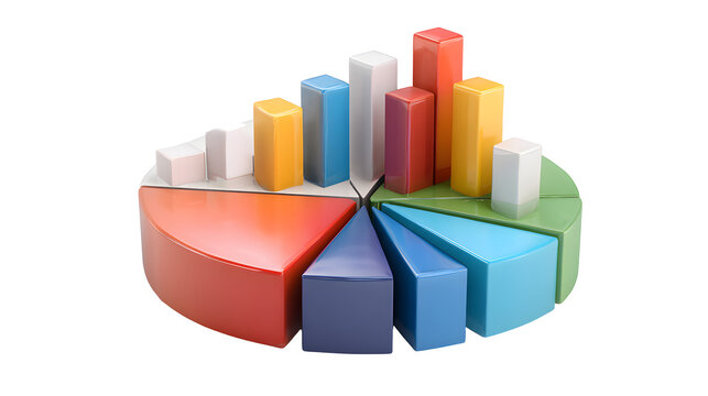 Ultra realistic HD pie chart and bar graph 3D rendered, isolated on white background