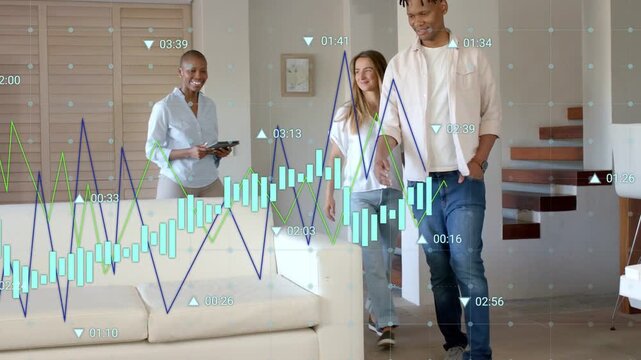Couple and guide entering right, touring home sale, gesturing tablet and sofa while charts floating