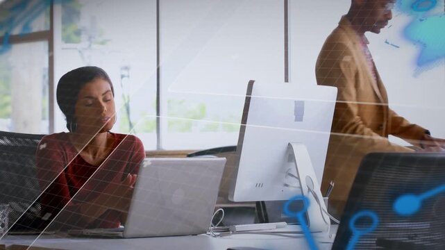 Woman working laptop in office overlays sweeping, man entering with plan sparking glance refocusing