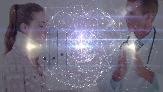 Dr checking notes, raising hands and palpating patient's neck during medical exam, hologram overlay