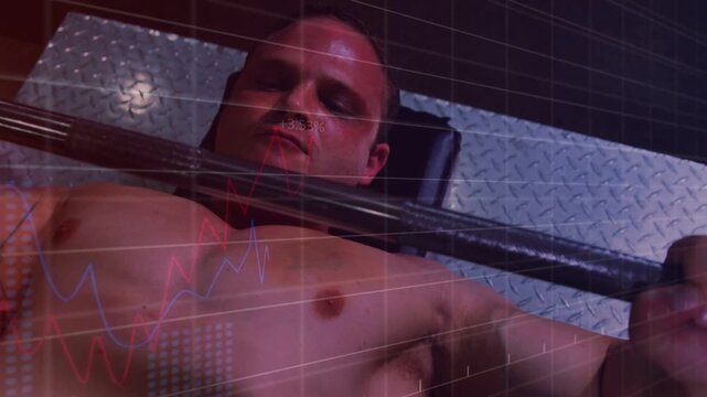 Man lying on bench gripping barbell, repeating presses for fitness while HUD metrics fluctuating