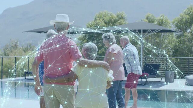Central pair walking poolside starting network dome, seniors gathering, linking shoulders, bonding