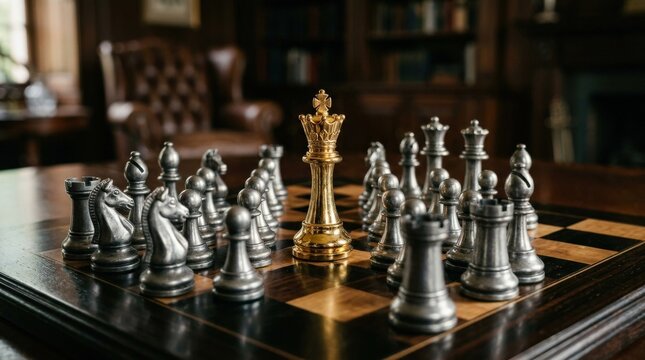 Golden chess king standing prominently among silvery pieces, success and power concept, strategic leadership metaphor, polished dramatic composition, no logos
