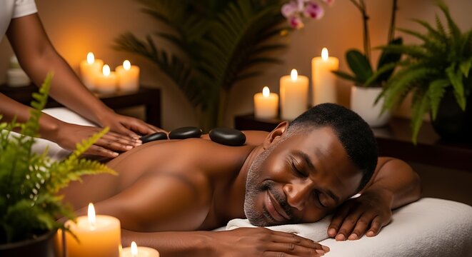 Homem desfrutando de uma massagem relaxante com pedras quentes em um ambiente tranquilo de spa