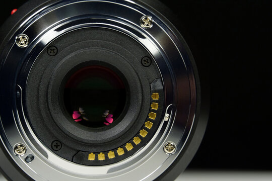 Detailed close-up of M43 Micro Four Thirds macro lens mount on dark background