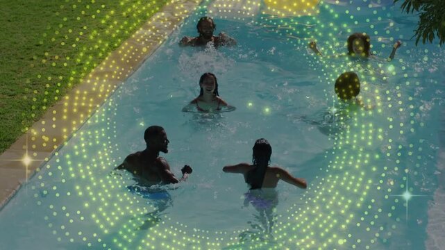 6 adults after man's pump raising arms, splashing in pool, green overlay sweeping group for leisure