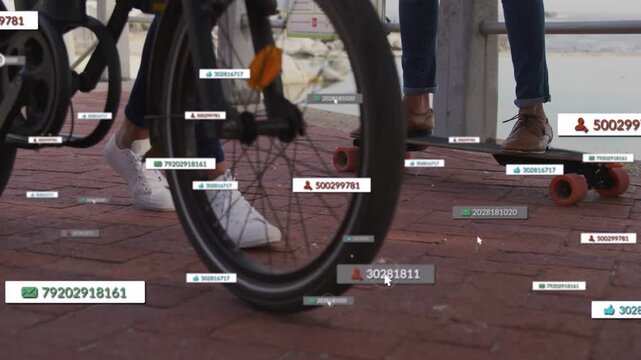 Pair balancing longboard and bike, foot motion activating HUD tags showing wheel IDs for tech demo