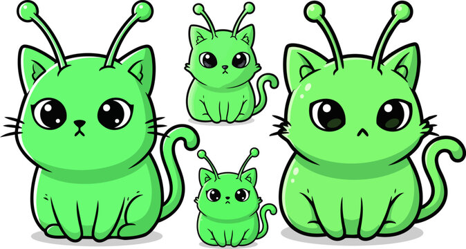 Cartoon green alien cats, funny feline characters, vector icons set, four different sizes