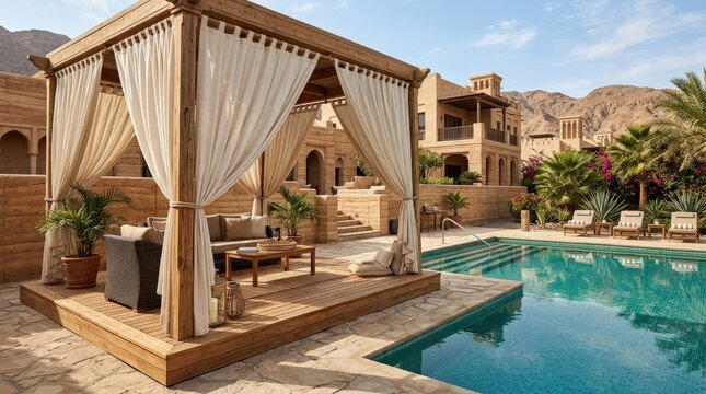 Wooden decking stage with canopy curtains beside luxury swimming pool, tropical hotel villa poolside patio showroom background, desert architecture aesthetic, no logos