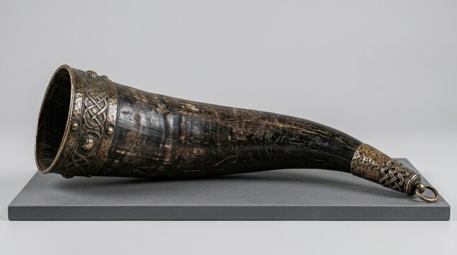 Ancient drinking horn made from animal horn, historical artifact concept, rustic ceremonial object on clean background, realistic texture, no logos