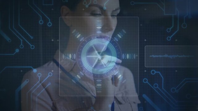 Mid-adult woman bringing stylus down to tablet, tapping while radial HUD guiding data analysis