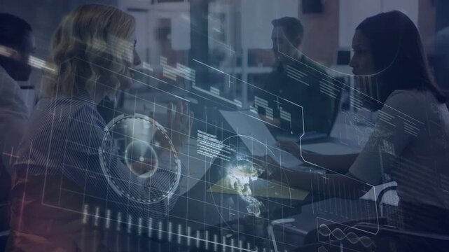 Right woman picking sheet initiating colleagues reviewing business docs as HUD cycling globe charts