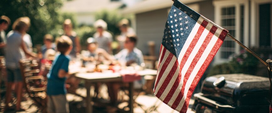Guests Gather on the Patio for a Memorial Day Barbecue With an American Flag in View, Celebrating Time Together on the 4th of July
