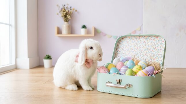 Cute rabbit with a suitcase full of Easter eggs in a modern pastel studio, minimal holiday concept with playful styling and clean background, soft light, no logos