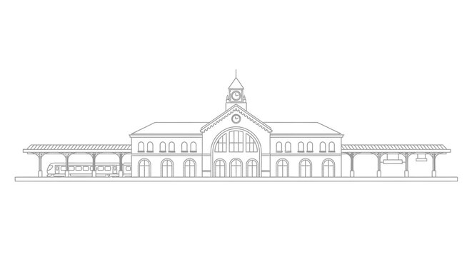 Detailed line drawing of a classic european railway station facade