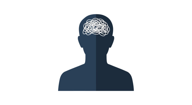 A silhouette of a head with a tangled chaotic mind illustration